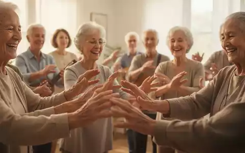 Ältere Menschen nehmen an einer Gruppenaktivität teil, die Musik und sanfte Bewegung kombiniert, mit Fokus auf Hände und Gesichter. - Foto: über boerse-global.de