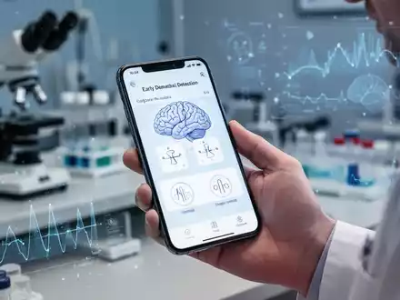 Eine Hand hält ein Smartphone mit einer App für kognitive Tests, im Hintergrund verschwommen Forschungsausrüstung und digitale Daten. - Foto: über boerse-global.de