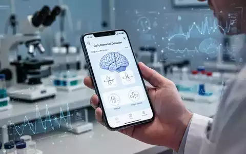 Eine Hand hält ein Smartphone mit einer App für kognitive Tests, im Hintergrund verschwommen Forschungsausrüstung und digitale Daten. - Foto: über boerse-global.de