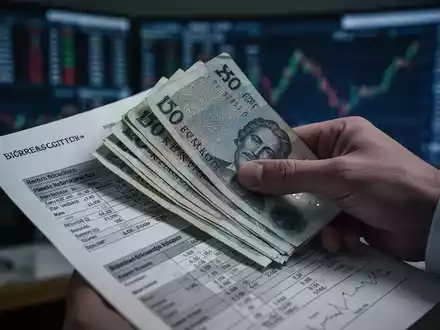 Eine Hand hält schwedische Kronen-Banknoten und Wertpapiere, mit einem unscharfen Finanzbüro im Hintergrund. - Foto: über boerse-global.de