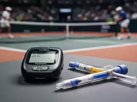 Ein Glukosemonitor und ein Insulin-Pen liegen auf einem unscharfen Tennisfeld. Sie symbolisieren Diabetes-Management im Spitzensport. - Foto: über boerse-global.de