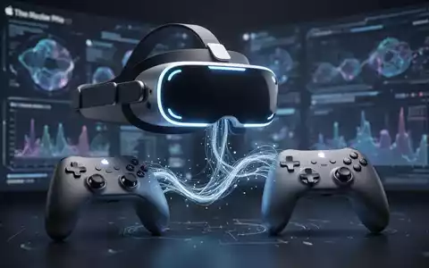 Eine futuristische VR-Brille ist subtil mit einem stilisierten Gamecontroller verbunden, umgeben von abstrakten Datenvisualisierungen. - Foto: über boerse-global.de