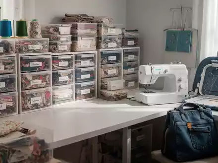 Ein ordentliches Nähzimmer mit Stoffresten in transparenten Boxen, einer Nähmaschine und Upcycling-Projekten wie einer Jeans-Tasche. - Foto: über boerse-global.de