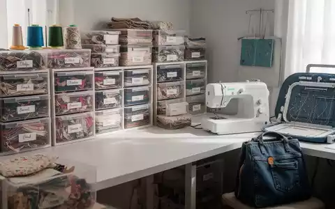 Ein ordentliches Nähzimmer mit Stoffresten in transparenten Boxen, einer Nähmaschine und Upcycling-Projekten wie einer Jeans-Tasche. - Foto: über boerse-global.de