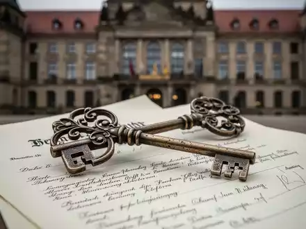 Ein alter, verzierter Schlüssel liegt auf juristischen Dokumenten. Im unscharfen Hintergrund ist ein historisches Gebäude zu sehen. - Foto: über boerse-global.de