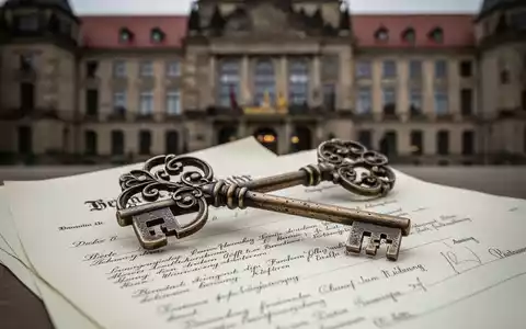 Ein alter, verzierter Schlüssel liegt auf juristischen Dokumenten. Im unscharfen Hintergrund ist ein historisches Gebäude zu sehen. - Foto: über boerse-global.de