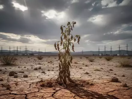 Eine einzelne, welke Wüstenpflanze in einer weiten, trostlosen Wüstenlandschaft unter einem dramatischen Himmel. - Foto: über boerse-global.de