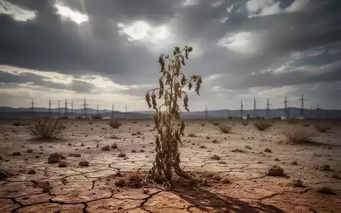 Eine einzelne, welke Wüstenpflanze in einer weiten, trostlosen Wüstenlandschaft unter einem dramatischen Himmel. - Foto: über boerse-global.de