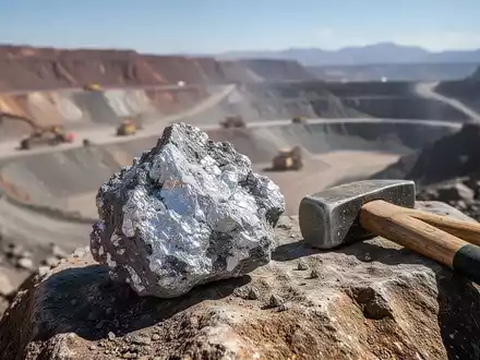Nahaufnahme eines rohen Mineralienmusters, vermutlich Silbererz, mit einem Geologenhammer und einer Bergbaulandschaft im Hintergrund. - Foto: über boerse-global.de
