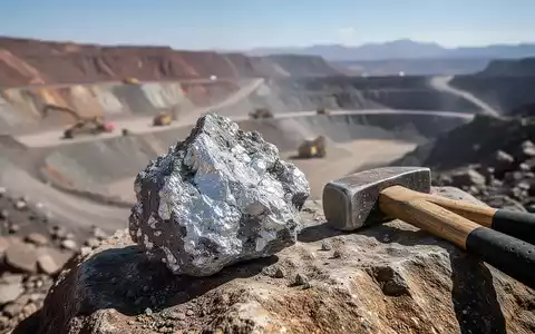 Nahaufnahme eines rohen Mineralienmusters, vermutlich Silbererz, mit einem Geologenhammer und einer Bergbaulandschaft im Hintergrund. - Foto: über boerse-global.de