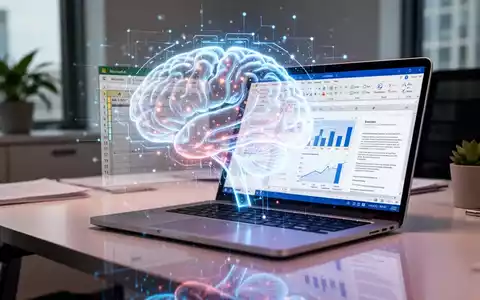 A glowing AI brain interface superimposed over a laptop displaying Microsoft Excel and Word, symbolizing integrated AI productivity. - Foto: über boerse-global.de