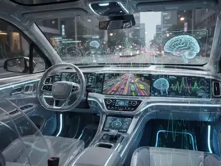 A futuristic robotaxi interior with a holographic display showing traffic simulations and brain activity patterns, representing AI decision-making. - Foto: über boerse-global.de