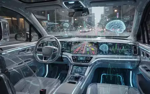 A futuristic robotaxi interior with a holographic display showing traffic simulations and brain activity patterns, representing AI decision-making. - Foto: über boerse-global.de