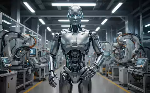 A sophisticated humanoid robot with metallic limbs and glowing eyes stands in a high-tech factory, symbolizing advanced AI and robotics. - Foto: über boerse-global.de