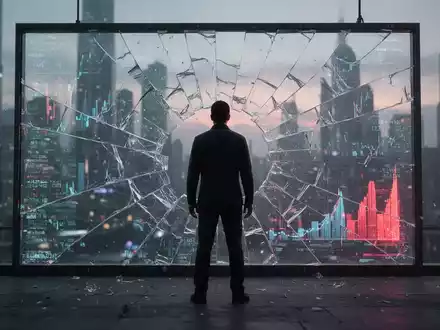Eine dunkle Figur vor einem zerbrochenen digitalen Display mit fragmentierten Finanzdaten, symbolisiert DeFi-Verluste. - Foto: über boerse-global.de