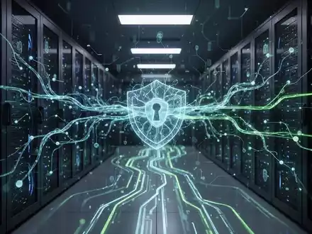 Abstrakte Darstellung eines neuronalen Netzwerks über einem Serverraum, symbolisiert KI-Sicherheitsprüfung und digitale Einrichtung. - Foto: über boerse-global.de