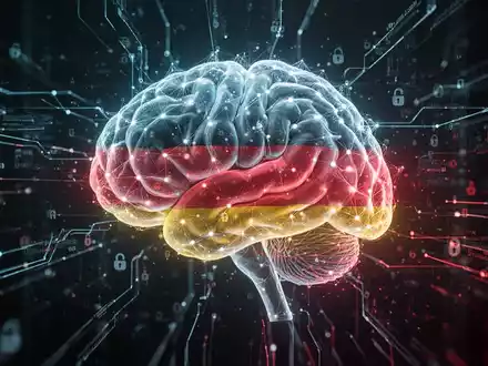 A stylized glowing neural network brain overlaid with a subtle German flag pattern, surrounded by abstract digital security lines and data streams. - Foto: über boerse-global.de