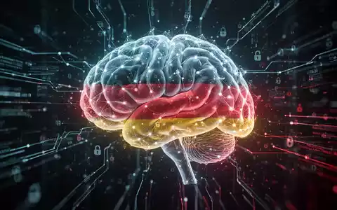 A stylized glowing neural network brain overlaid with a subtle German flag pattern, surrounded by abstract digital security lines and data streams. - Foto: über boerse-global.de
