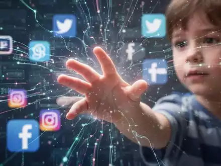Eine Kinderhand greift nach einem leuchtenden digitalen Bildschirm, mit verschwommenen Social-Media-Symbolen im Hintergrund. - Foto: über boerse-global.de