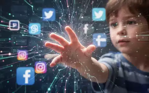 Eine Kinderhand greift nach einem leuchtenden digitalen Bildschirm, mit verschwommenen Social-Media-Symbolen im Hintergrund. - Foto: über boerse-global.de
