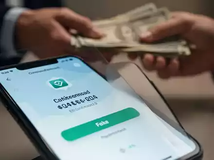 Nahaufnahme eines Smartphones mit gefälschter Überweisungsbestätigung, im Hintergrund unscharf Hände, die Bargeld wechseln. - Foto: über boerse-global.de