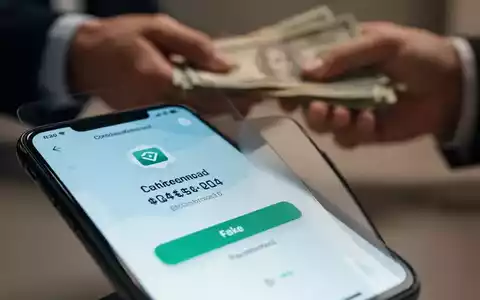 Nahaufnahme eines Smartphones mit gefälschter Überweisungsbestätigung, im Hintergrund unscharf Hände, die Bargeld wechseln. - Foto: über boerse-global.de