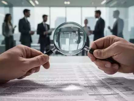 Eine Hand hält eine Lupe über ein komplexes Finanzdokument, mit unscharfen Geschäftspersonen im Hintergrund in einem modernen Büro. - Foto: über boerse-global.de