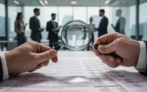 Eine Hand hält eine Lupe über ein komplexes Finanzdokument, mit unscharfen Geschäftspersonen im Hintergrund in einem modernen Büro. - Foto: über boerse-global.de