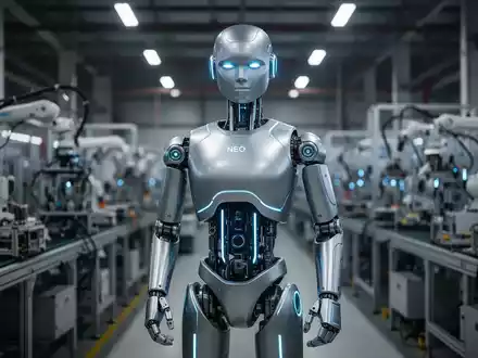 Ein humanoider Roboter namens NEO steht in einer modernen Fabrik mit Produktionslinien im Hintergrund. - Foto: über boerse-global.de