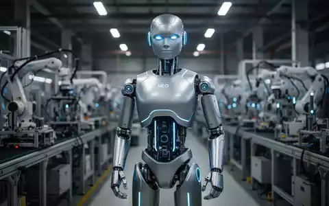 Ein humanoider Roboter namens NEO steht in einer modernen Fabrik mit Produktionslinien im Hintergrund. - Foto: über boerse-global.de