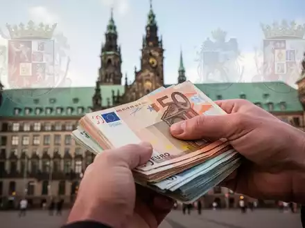 Eine Hand hält einen Stapel Euro-Banknoten, im unscharfen Hintergrund ist das Hamburger Rathaus zu sehen. - Foto: über boerse-global.de