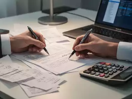 Eine Hand unterschreibt ein Dokument auf einem modernen Schreibtisch, umgeben von Quittungen, einem Taschenrechner und einem Laptop. - Foto: über boerse-global.de