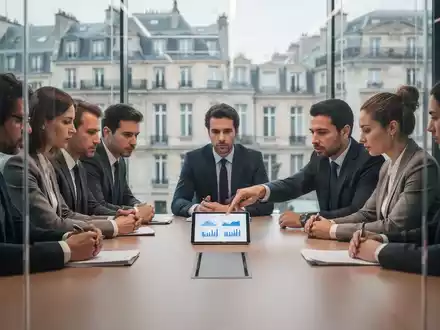 Geschäftsleute in einem modernen Konferenzraum diskutieren ernsthaft, während eine Person auf ein Tablet mit Diagrammen zeigt. - Foto: über boerse-global.de