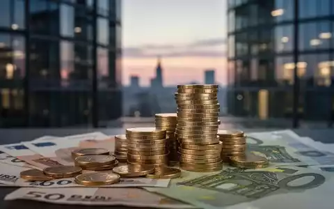 Ein Stapel deutscher Euro-Münzen und -Banknoten, der Altersvorsorge symbolisiert, mit einem unscharfen Hintergrund eines Bürogebäudes. - Foto: über boerse-global.de