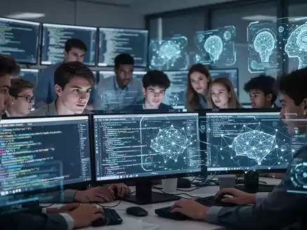Junge Fachkräfte lernen Cybersicherheit an Computern, Bildschirme zeigen Code und Netzwerkdiagramme. Fokus auf Ausbildung und Technologie. - Foto: über boerse-global.de