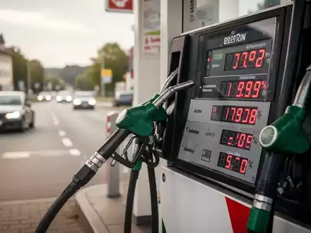 Eine Zapfsäule an einer Tankstelle mit steigenden Kraftstoffpreisen auf dem Bildschirm, im Hintergrund verschwommen eine deutsche Straße. - Foto: über boerse-global.de