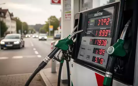 Eine Zapfsäule an einer Tankstelle mit steigenden Kraftstoffpreisen auf dem Bildschirm, im Hintergrund verschwommen eine deutsche Straße. - Foto: über boerse-global.de