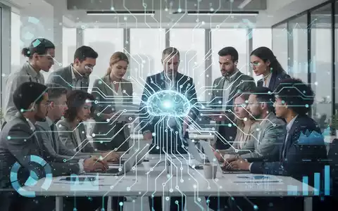 Ein stilisiertes digitales Netzwerk überlagert eine Gruppe von Fachleuten, die in einem modernen Büro zusammenarbeiten. Fokus auf Technologie und Strategie. - Foto: über boerse-global.de