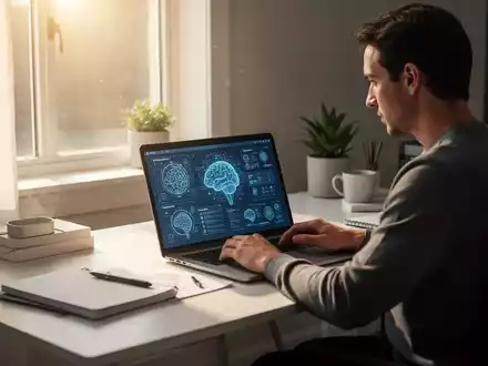 Eine Person arbeitet konzentriert an einem aufgeräumten Homeoffice-Schreibtisch, Laptop zeigt KI-Interface. Sonnenlicht fällt durch ein Fenster. - Foto: über boerse-global.de