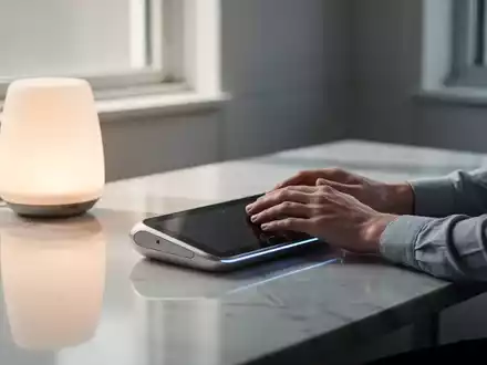 Ein Schreibtisch mit einem modernen Presenter-Gerät, daneben eine Pflanze und ein Diffusor, was Ruhe und Konzentration symbolisiert. - Foto: über boerse-global.de
