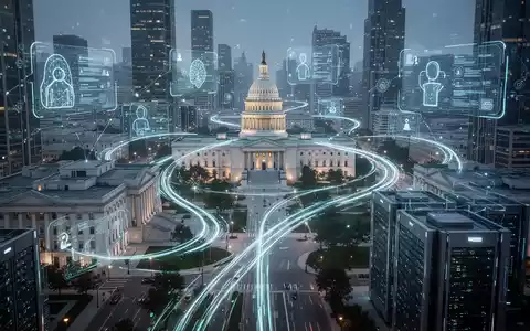 A futuristic cityscape with glowing digital connections between government buildings, representing digital transformation in public administration. - Foto: über boerse-global.de