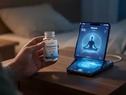 Eine Hand hält eine Magnesiumflasche neben einem Smartphone mit Meditations-App auf einem Nachttisch in einem ruhigen Schlafzimmer. - Foto: über boerse-global.de