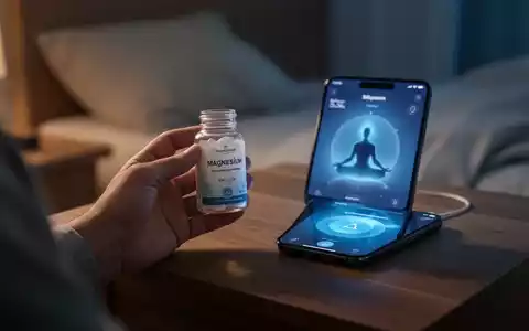 Eine Hand hält eine Magnesiumflasche neben einem Smartphone mit Meditations-App auf einem Nachttisch in einem ruhigen Schlafzimmer. - Foto: über boerse-global.de