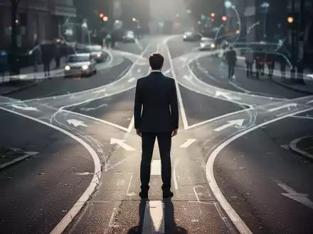 Eine Person steht an einem Scheideweg, blickt auf sich teilende Wege, die Entscheidungen und Herausforderungen symbolisieren. - Foto: über boerse-global.de