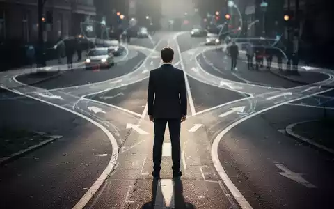 Eine Person steht an einem Scheideweg, blickt auf sich teilende Wege, die Entscheidungen und Herausforderungen symbolisieren. - Foto: über boerse-global.de