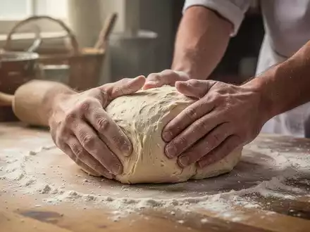 Hände eines Bäckers kneten Teig auf einer bemehlten Holzfläche, mit unscharfen Backutensilien im Hintergrund. Fokus auf Handwerk. - Foto: über boerse-global.de