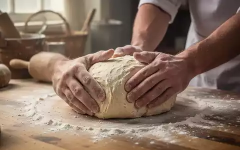 Hände eines Bäckers kneten Teig auf einer bemehlten Holzfläche, mit unscharfen Backutensilien im Hintergrund. Fokus auf Handwerk. - Foto: über boerse-global.de