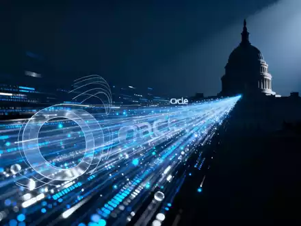 Abstrakte Darstellung von Datenfluss zu einem stilisierten US-Kapitol, symbolisierend einen Regierungsauftrag für Oracle. - Foto: über boerse-global.de
