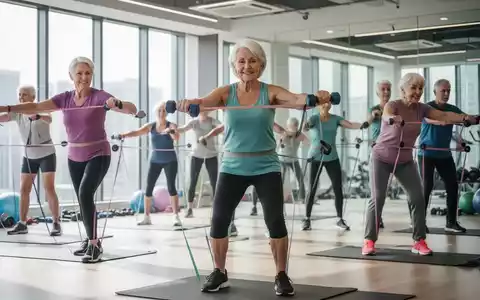 Eine Gruppe von Frauen und Männern über 40 trainiert in einem hellen Fitnessstudio mit leichten Gewichten und Widerstandsbändern. - Foto: über boerse-global.de