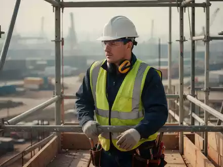 Nahaufnahme eines Bauarbeiters auf einem Gerüst, der einen Helm und eine Warnweste trägt, aber keine Schutzbrille oder Gehörschutz. - Foto: über boerse-global.de
